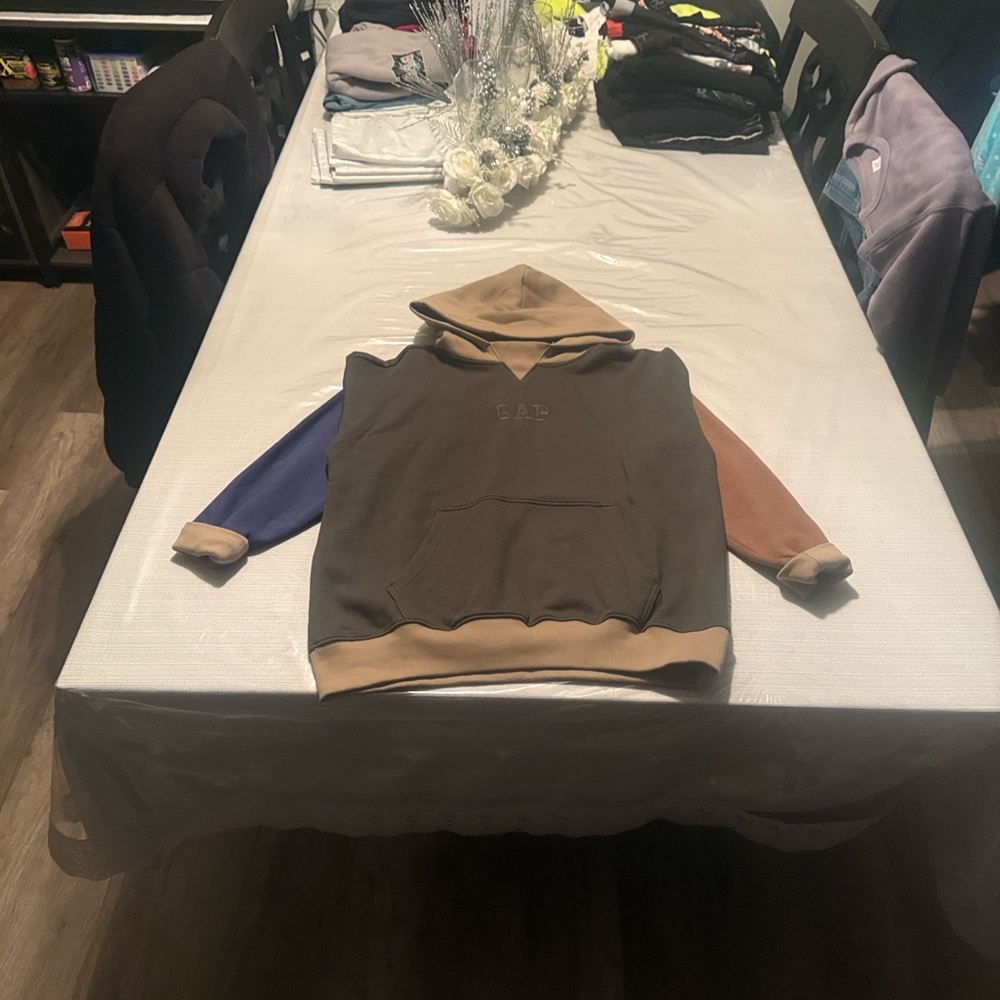 GAP Brown Hoodie with Blue and Tan Sleeves